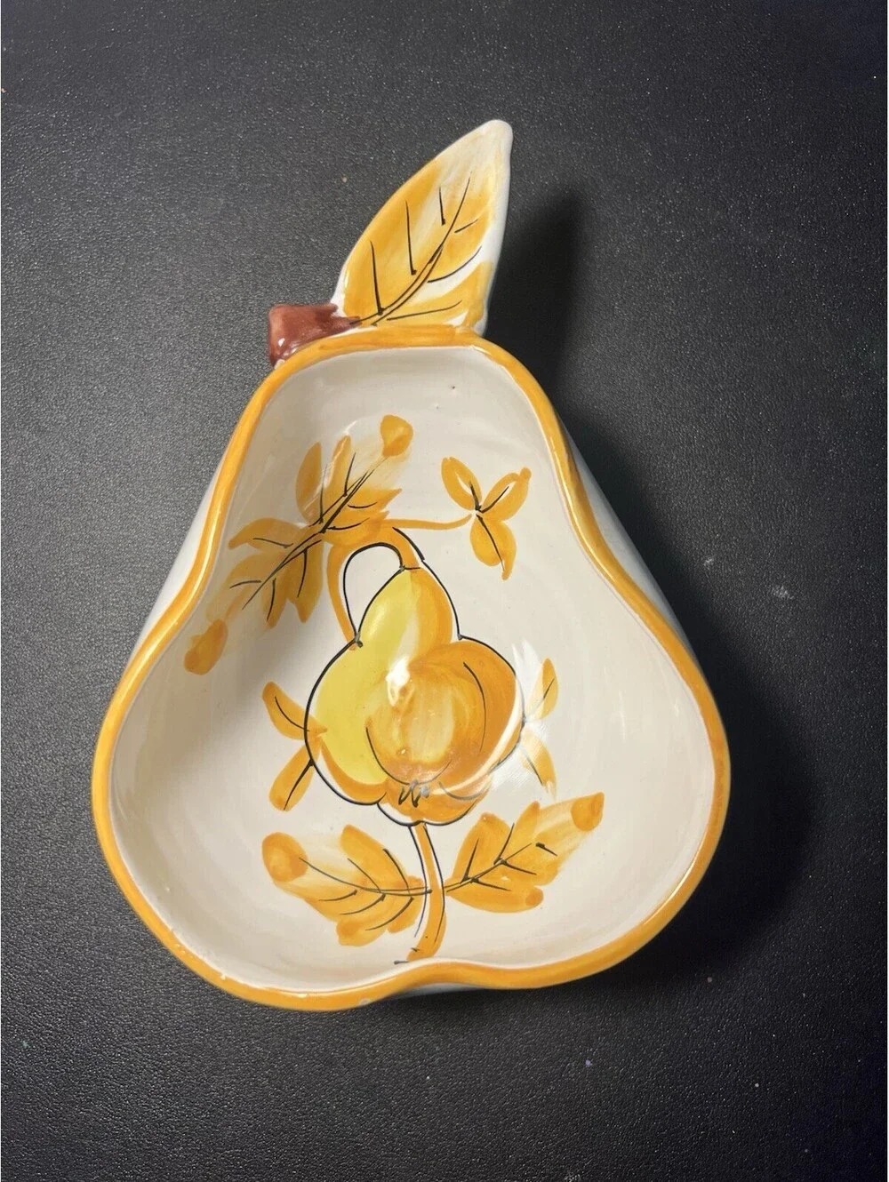 Italian Vintage 1960s Pear Serving Dish Bowl Hand-Painted White Yellow, 7.5x2.5”